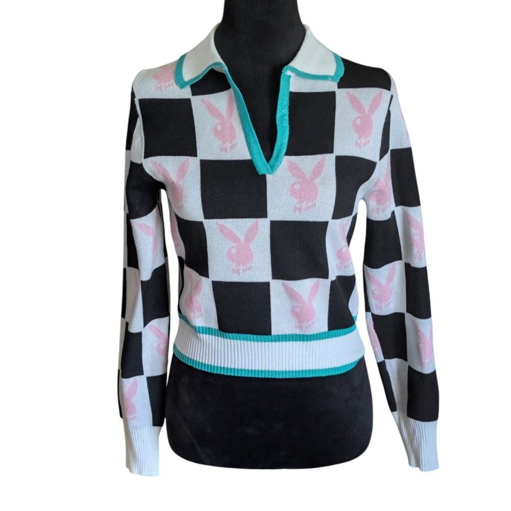 Playboy x Missguided Y2K Checkerboard Bunny Knit Polo Sweater, Size US 8